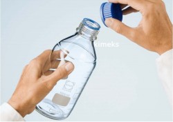Laboratuvar Şişesi, şeffaf, vidalı kapaklı ve dökme halkalı, PP, mavi, 100 mL - Thumbnail