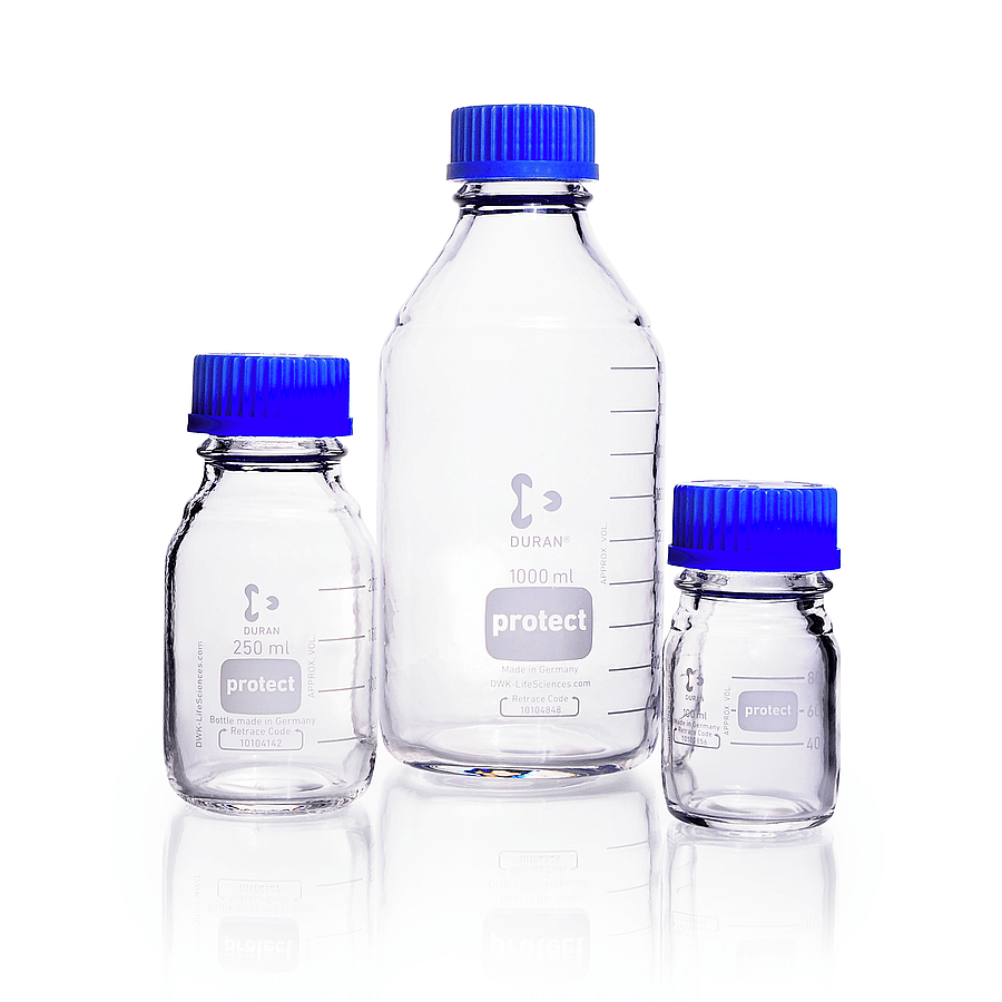 DURAN® Protect Laboratuvar Şişesi GL 45 Koruma kaplamalı Şeffaf, vidalı kapaklı ve dökme halkası PP (mavi), 150 mL - 1